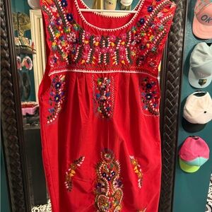 Embroidered Red Mexican-Style Midi Dress